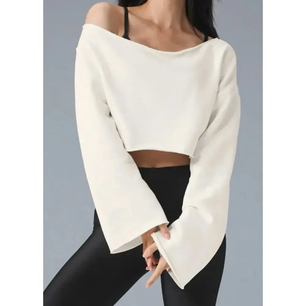 Alo Yoga Sweatshirt Women Medium Cropped Barre Shoulder Coverup in Ivory Relaxed